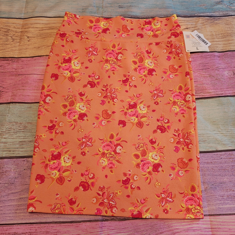 Large LuLaRoe Coral Orange Floral Pencil Cassie Skirt #0657
